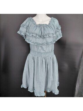 Sundress Dress Womens Large Blue Off Shoulder Ruffle Smocked Waist Boho Wedding